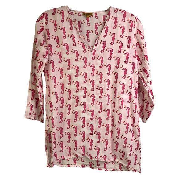 Roberta Roller Rabbit Tunic Top Womens Size 8 Pink White Seahorse Print Cotton - Picture 1 of 6